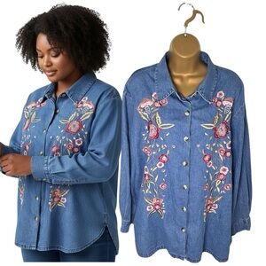 Vintage 90s BFA Classics Denim Shirt Embroidered Floral Button Down Blue 1X